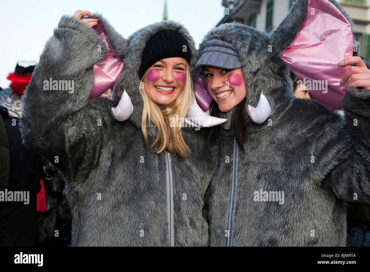 Zwei graue Mäuse am Karnevalszug in Malters, Luzern, Schweiz, Europa Stockfoto
