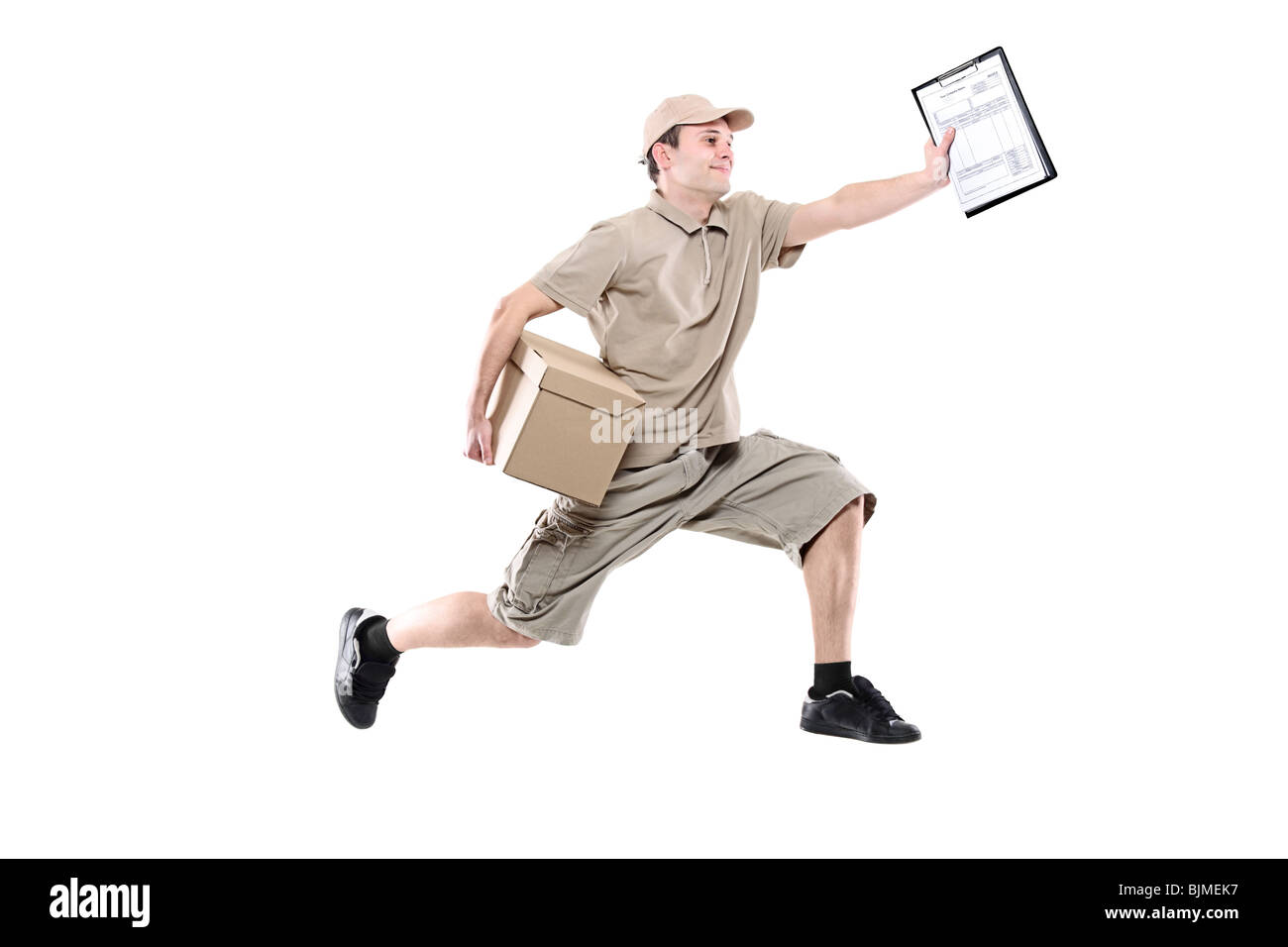 Postbote auf Eile liefern Paket Stockfoto