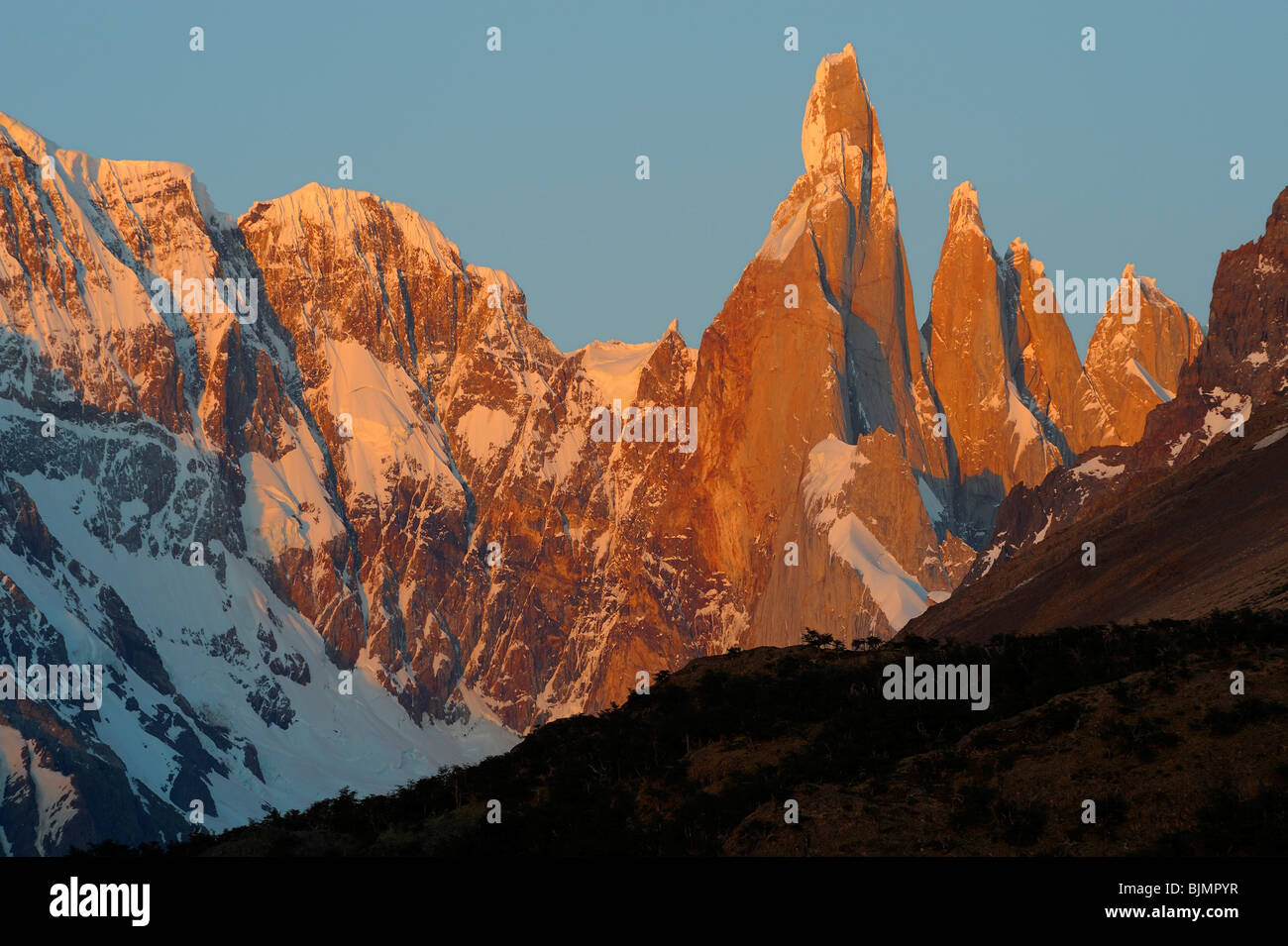 Mt. Cerro Torre im Morgenlicht, El Chalten, Anden, Patagonien, Argentinien, Südamerika Stockfoto