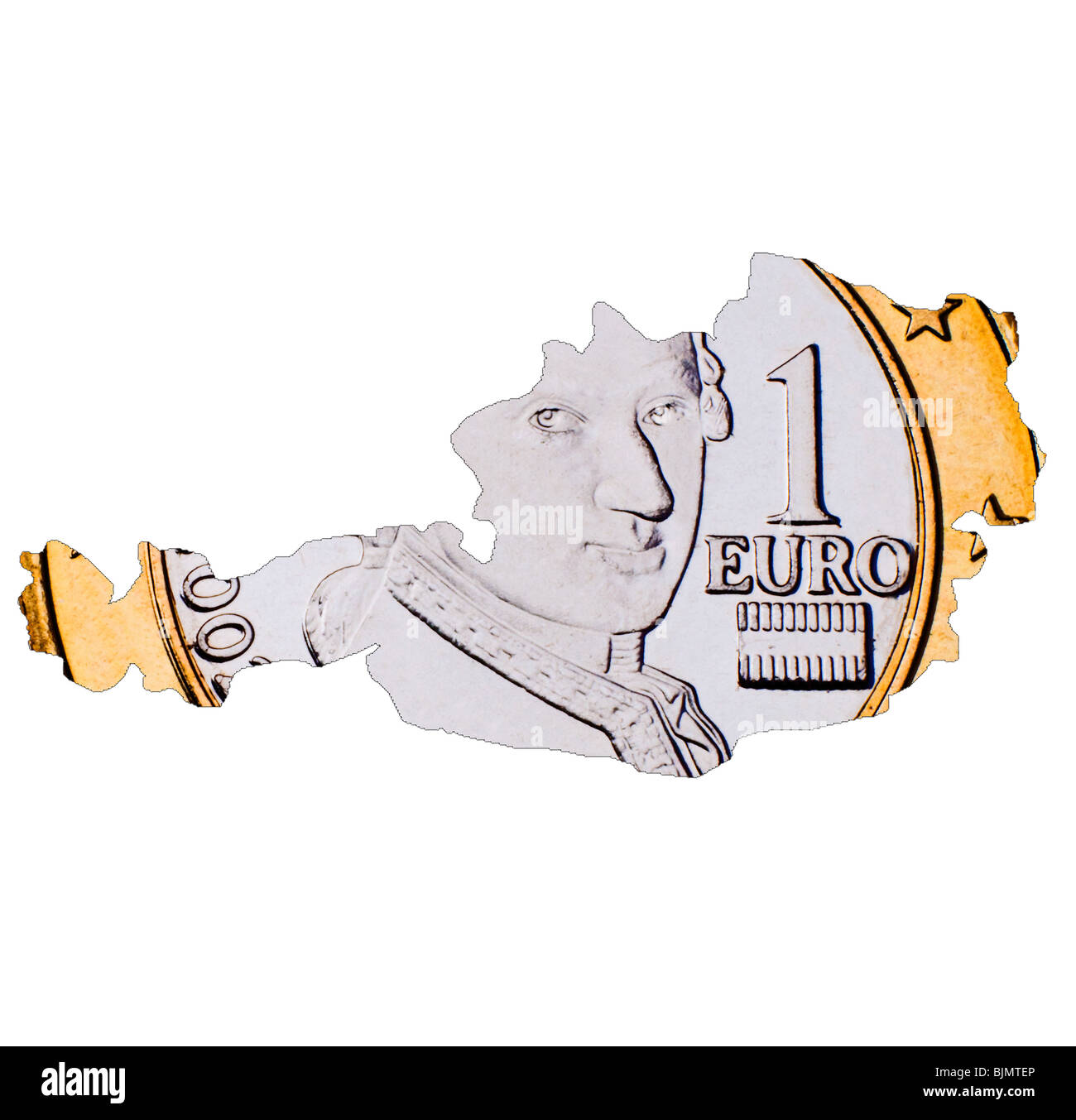 Der österreichischen 1-Euro-Münze (rückwärts) schneiden Sie die Karte von Österreich Stockfoto
