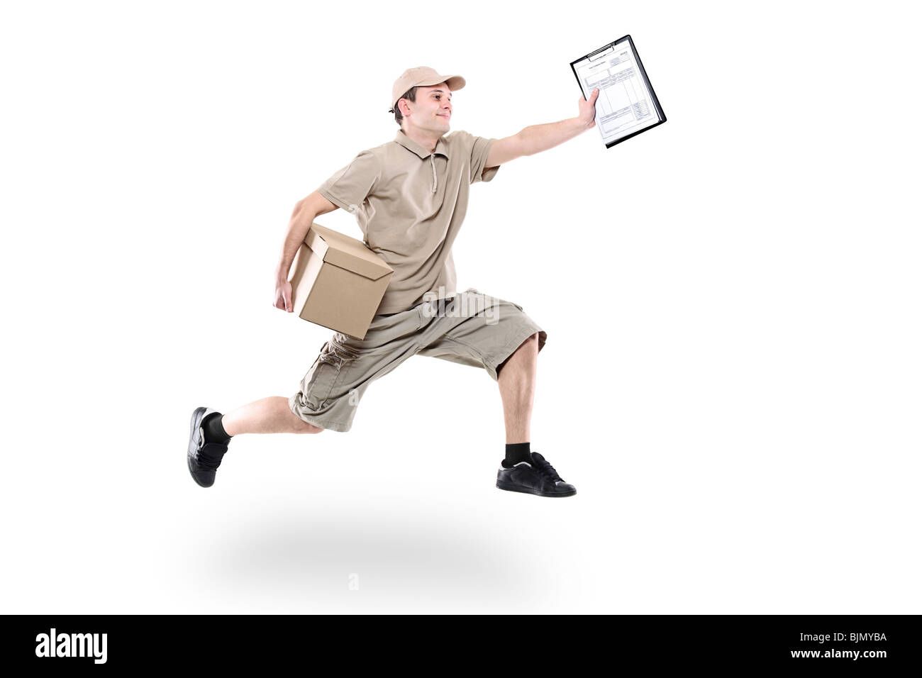 Postbote auf Eile liefern Paket Stockfoto