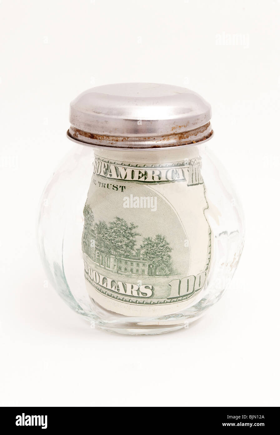Flasche mit Dollar Stockfoto
