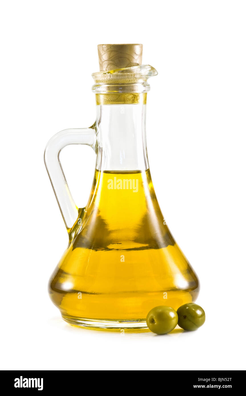 Olivenölflasche isoliert auf weiss Stockfoto