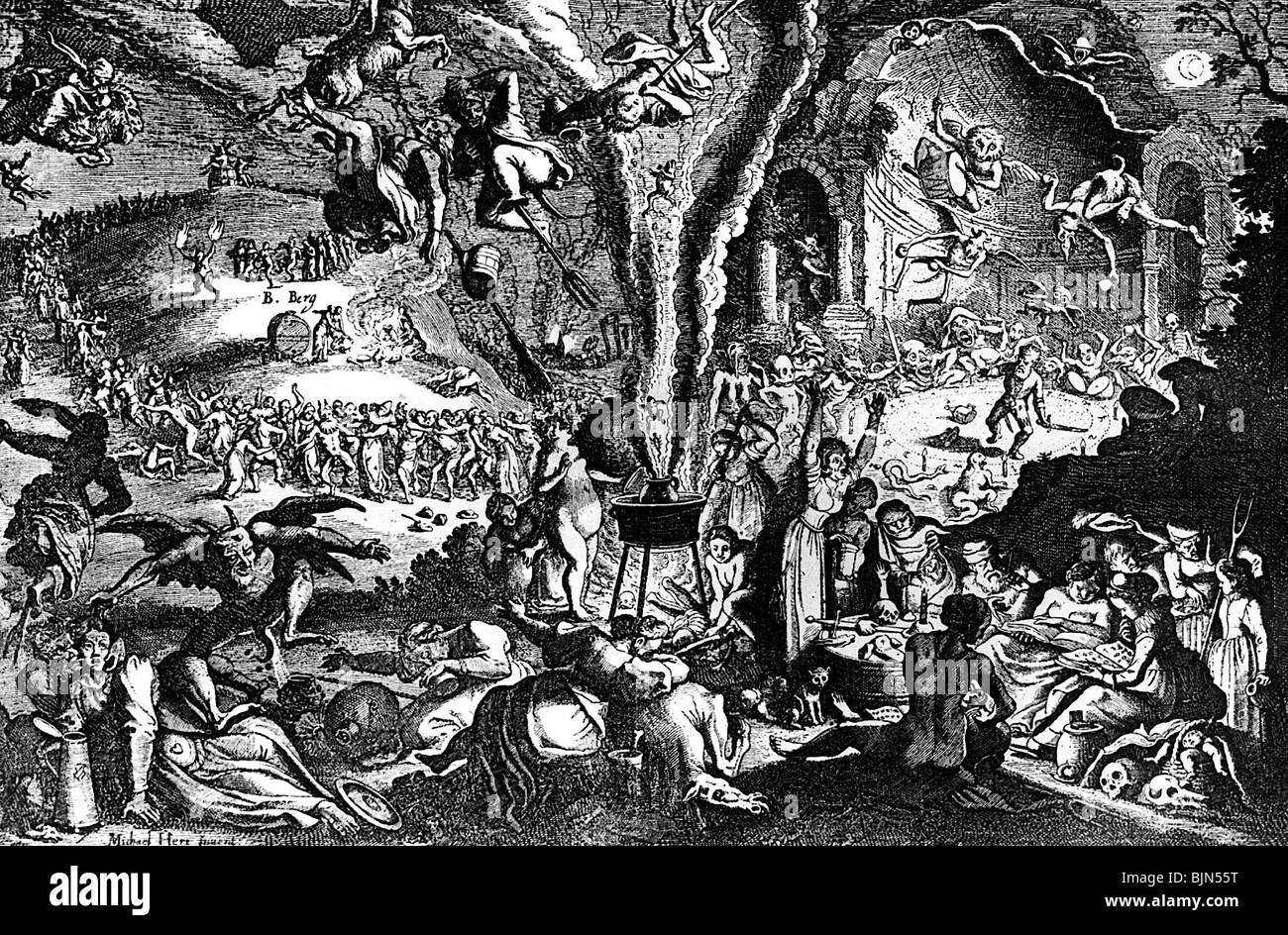 Aberglaube, Hexerei, Walpurgis Nacht- und Walpurgis Nachttraum, Radierung von Michael Herr, 1620, Stockfoto