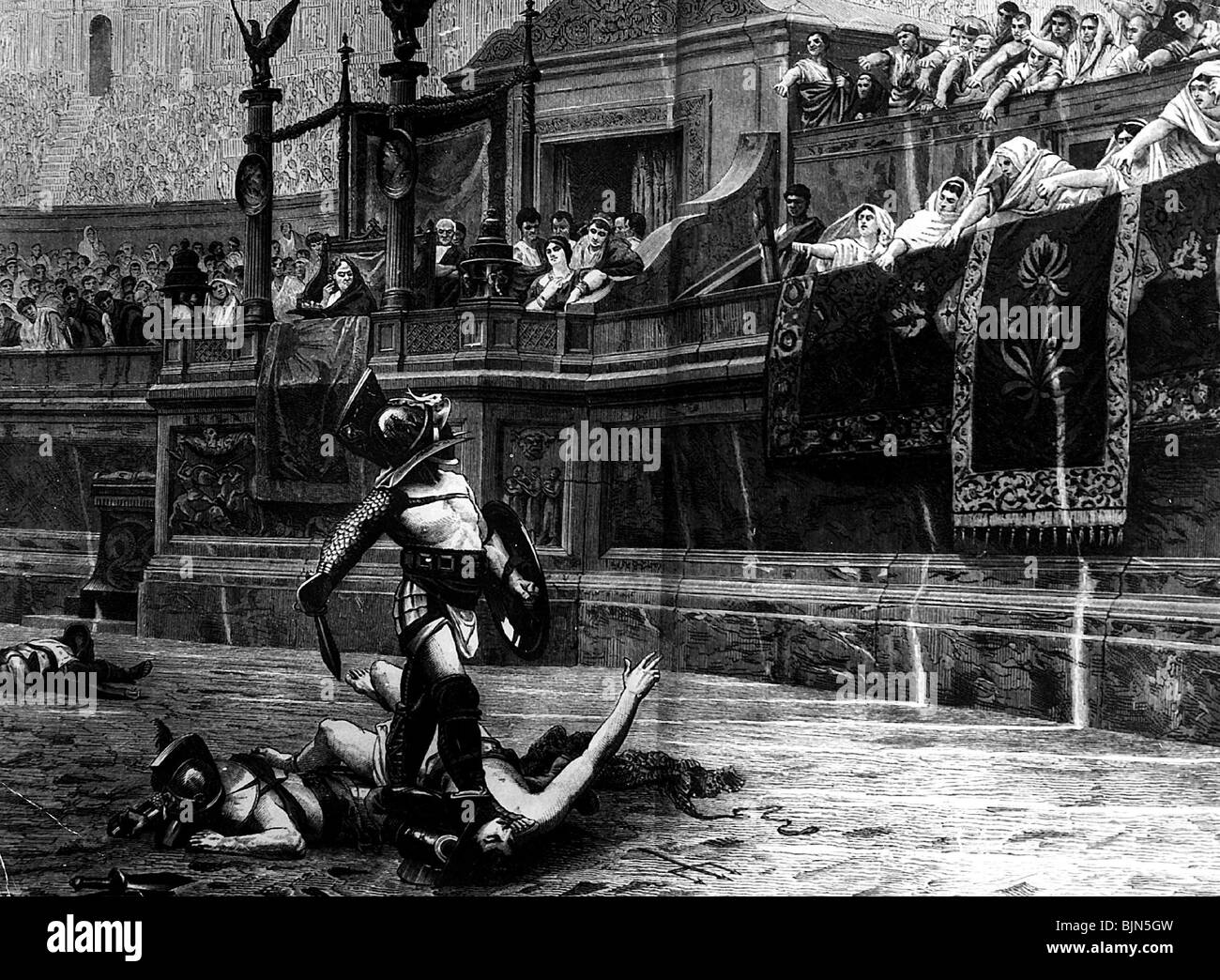 Antike Welt, Römisches Reich, Gladiatoren, kämpfen im Kolosseum, Holzgravur nach dem Malen von 'Pollice verso' von Jean Leon Gerome, 1872, Stockfoto