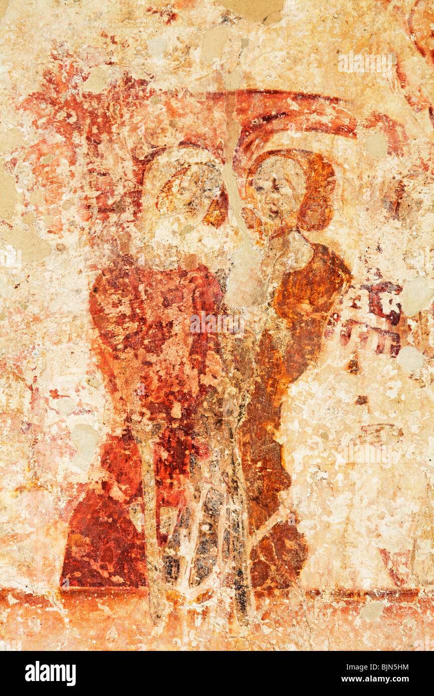 Mittelalterliche Wandmalereien, All Saints Church, Crostwight, Norfolk. Dieses Fragment war möglicherweise Teil einer Psychomachia (Schlacht der Geister)-Geschichte. Stockfoto
