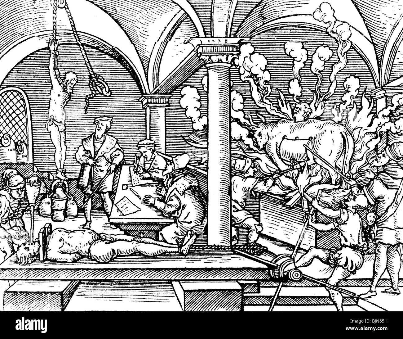 Gerechtigkeit, Folter, mehrere Foltermethoden, Holzschnitt aus der "Constitutio Criminalis Carolina" von Kaiser Karl V., 1532, Stockfoto