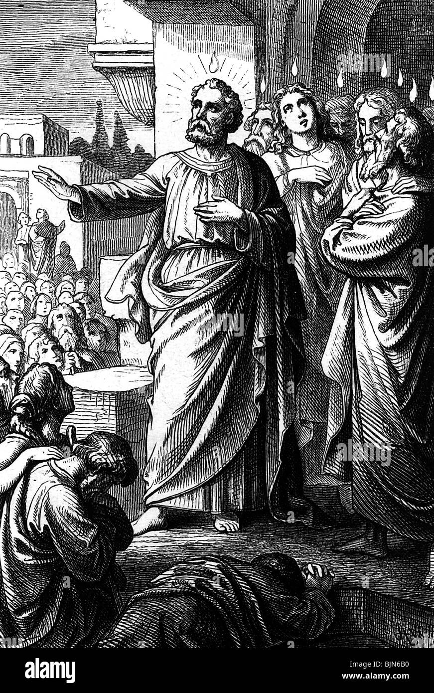 St. Peter, + ca. 64 n. Chr., Apostel, volle Länge, Predigt an Pfingsten in Jerusalem, Stockfoto