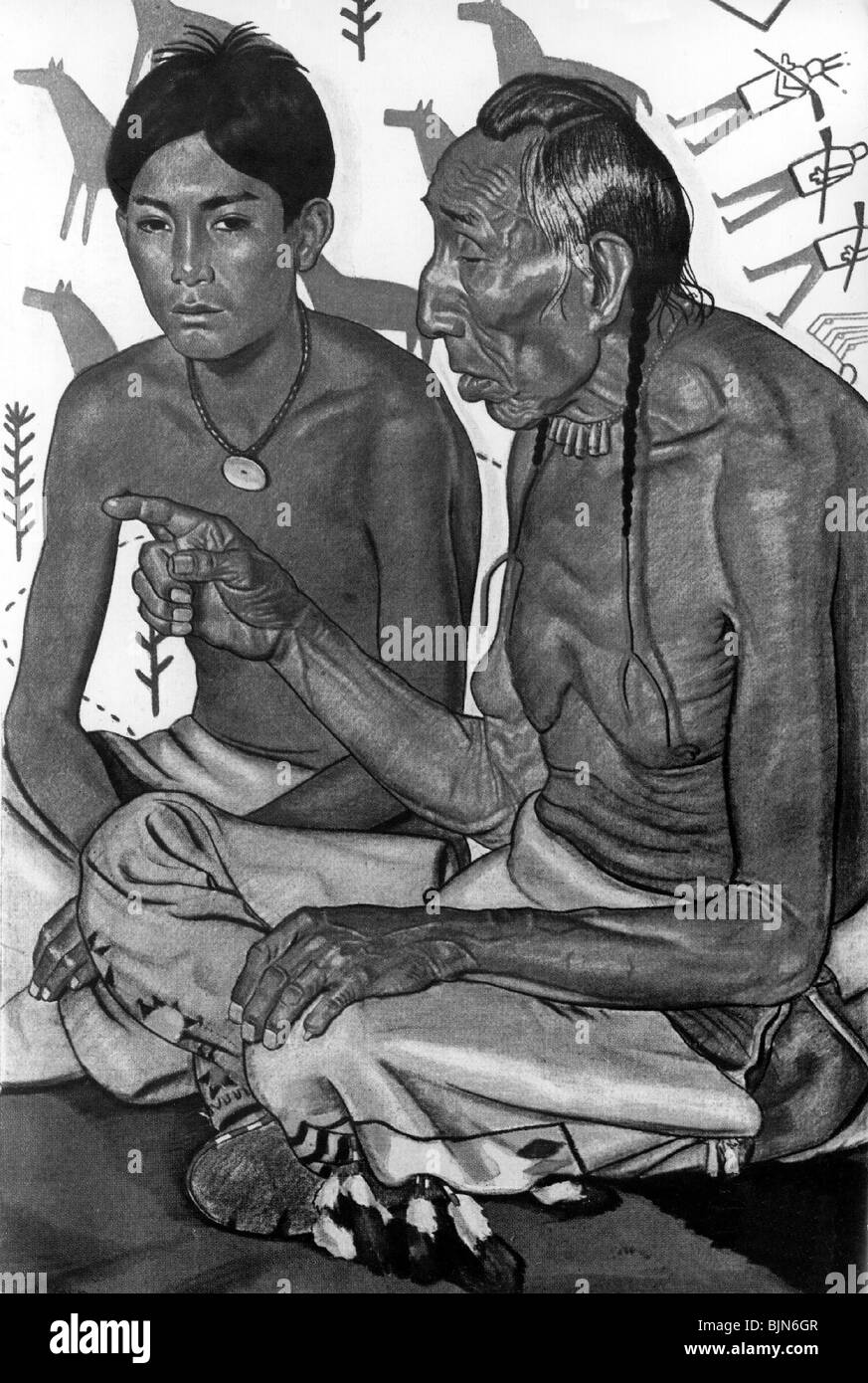 Geografie/Reisen, Vereinigte Staaten von Amerika, amerikanische Indianer, der Vorfahre unterrichtet den Enkel, Ölgemälde nach der Natur des Reservats der Blackfoot-Indianer von W. Reiss, ca. 1930, Stockfoto