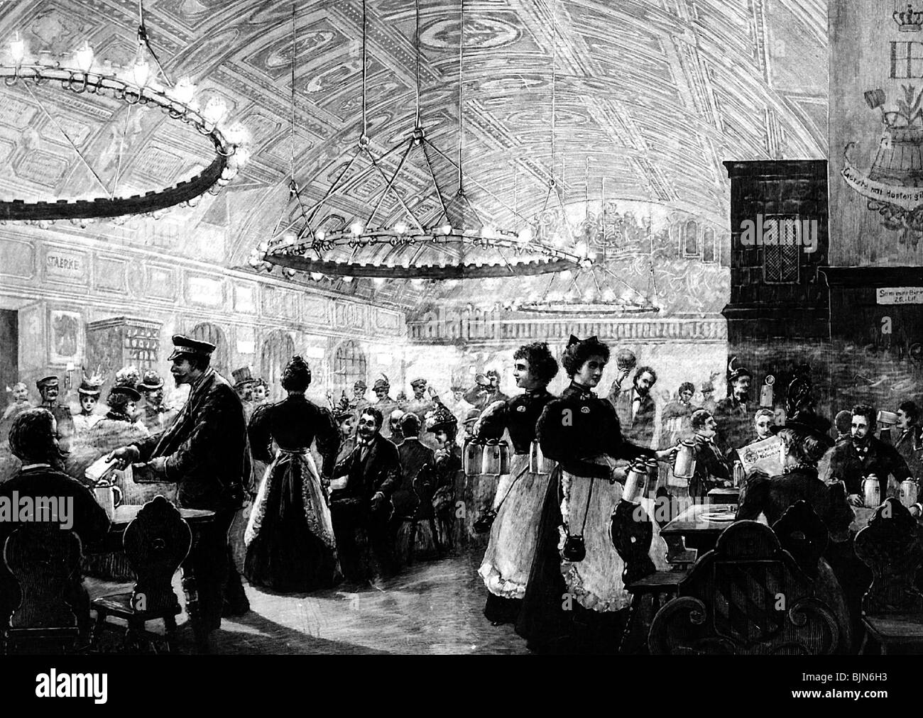 Gastronomie, Restaurants, Hofbrauhaus, grand Salon, München, Holzstich nach Zeichnung von A. Kirchner, vor 1899 Stockfoto