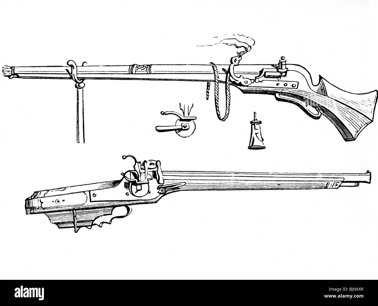Waffen, Gewehre, oben: Musket mit Streichholz, unten: Arquebus mit Radverschluss, 16. Jahrhundert, Gravur, historisch, historisch, Waffe, Gewehr, Stockfoto