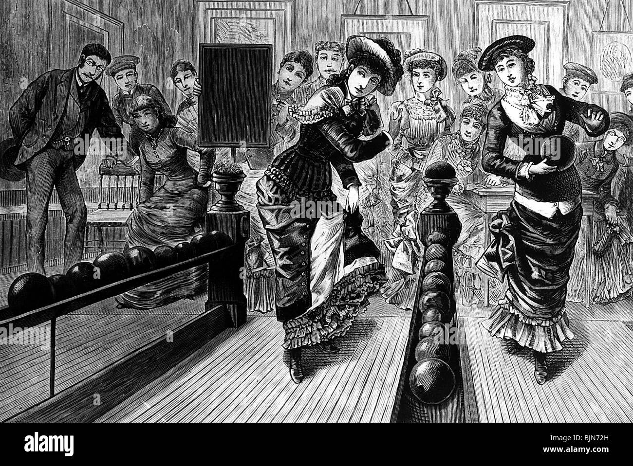 Mode, 19. Jahrhundert, Damenmode, 1883, Bowling Ladies, New York, Holzgravur, von der "Leipziger Illustrierten Zeitung", Stockfoto