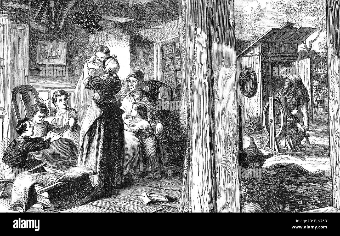 Leute, Familie, ropemaker und seine Familie, Holzgravur, 1865, Stockfoto