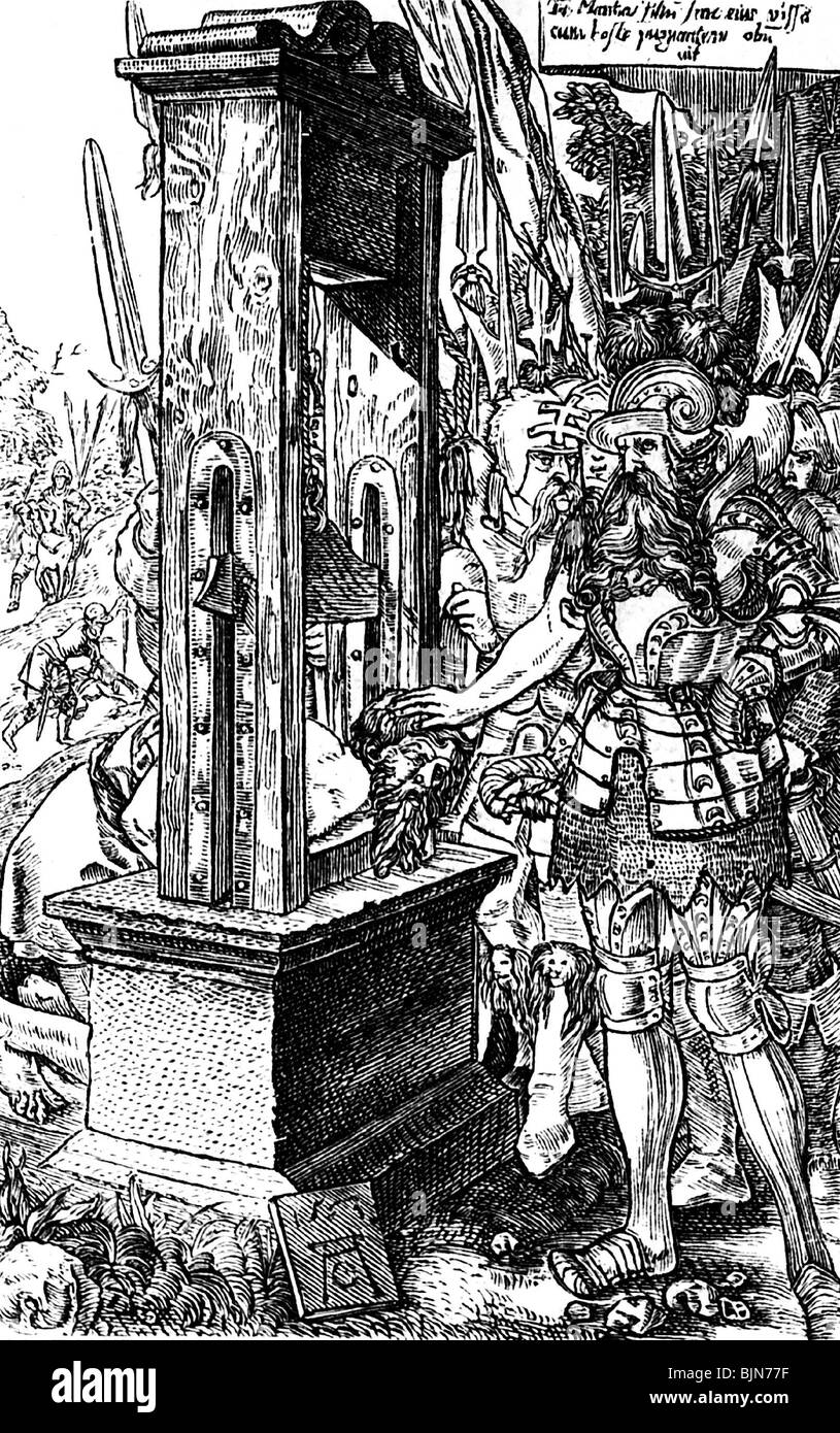 Gerechtigkeit, Strafvollzug, Enthauptung, Ausführung mit Guillotine, Holzschnitt von Heinrich Albert Aldegrever, 1553, Stockfoto