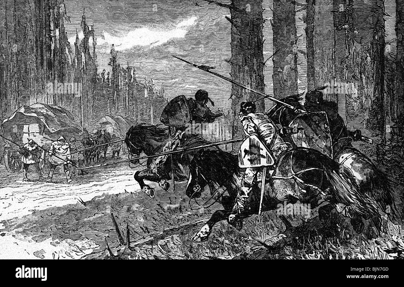 Mittelalter, Ritter, Räuberbarone, Raubüberfall auf den Gütertransport, Zeichnung von G. Franz, 19. Jahrhundert, historisch, historisch, heisere Räuberbarone, Schwerverbrechen, Händler, Händler, Hochwayman, Hochwayleute, Mittelalter, Menschen, Stockfoto