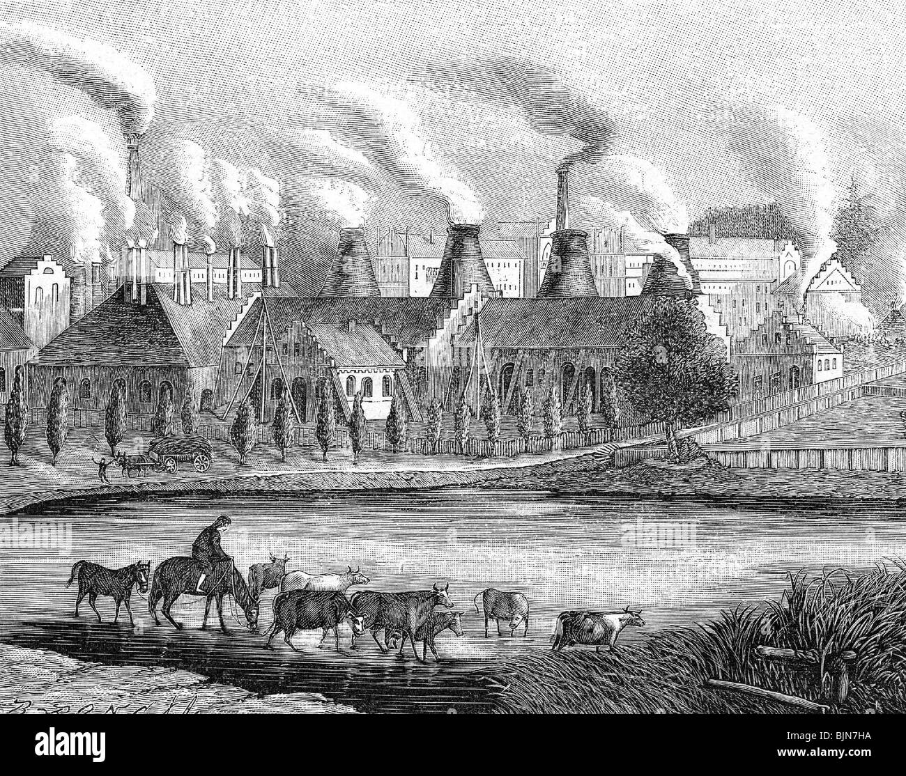 Industrie, Metall, Metallurgie, Schmelzerei Laurahuette in der schlesischen Republik, ca. um das Jahr 1840, Holzgravur, 19. Jahrhundert, Stockfoto