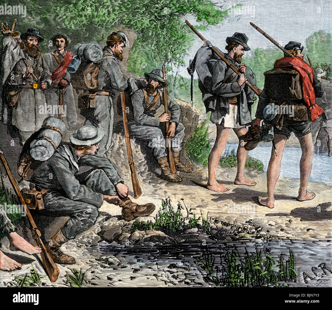 Konföderierten Truppen den Potomac Kreuzung im Norden, US Bürgerkrieg, 1863 zu erobern. Hand - farbige Holzschnitt Stockfoto