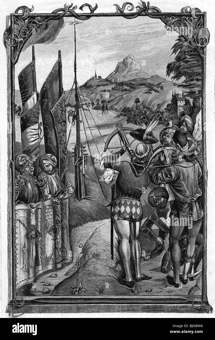 Jagd, Armbrust, Bogenschütze aus 'Codes Pictoranus' von Balthasar Boeheim, ca. 14. Jahrhundert, Stockfoto