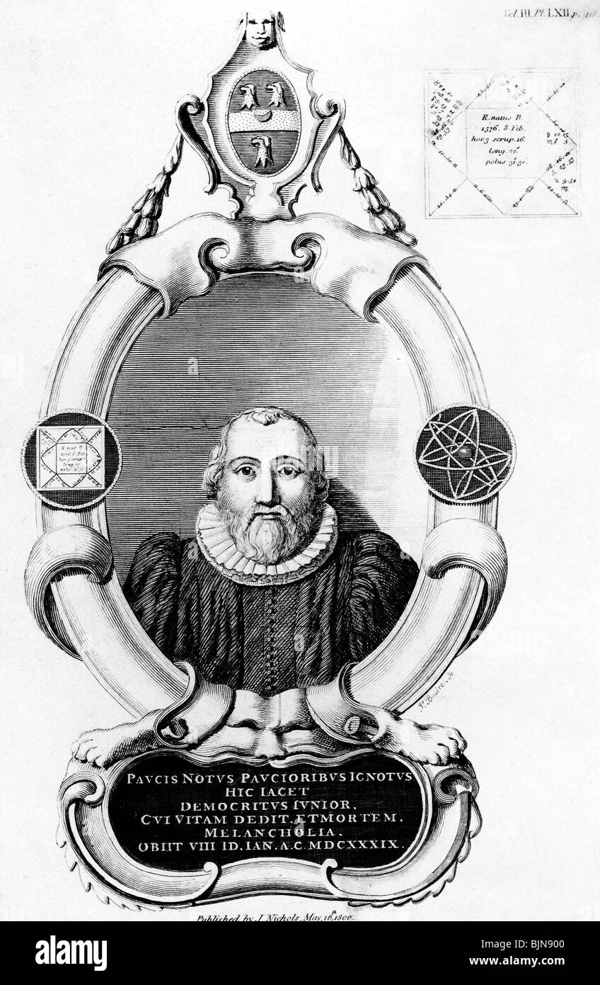 Burton, Robert, 8.2.1577 - 21.1.1640, englischer Geistlicher, Gelehrter, Autorin/Autor, Porträt, oval, später Kupferstich, Artist's Urheberrecht nicht gelöscht werden Stockfoto
