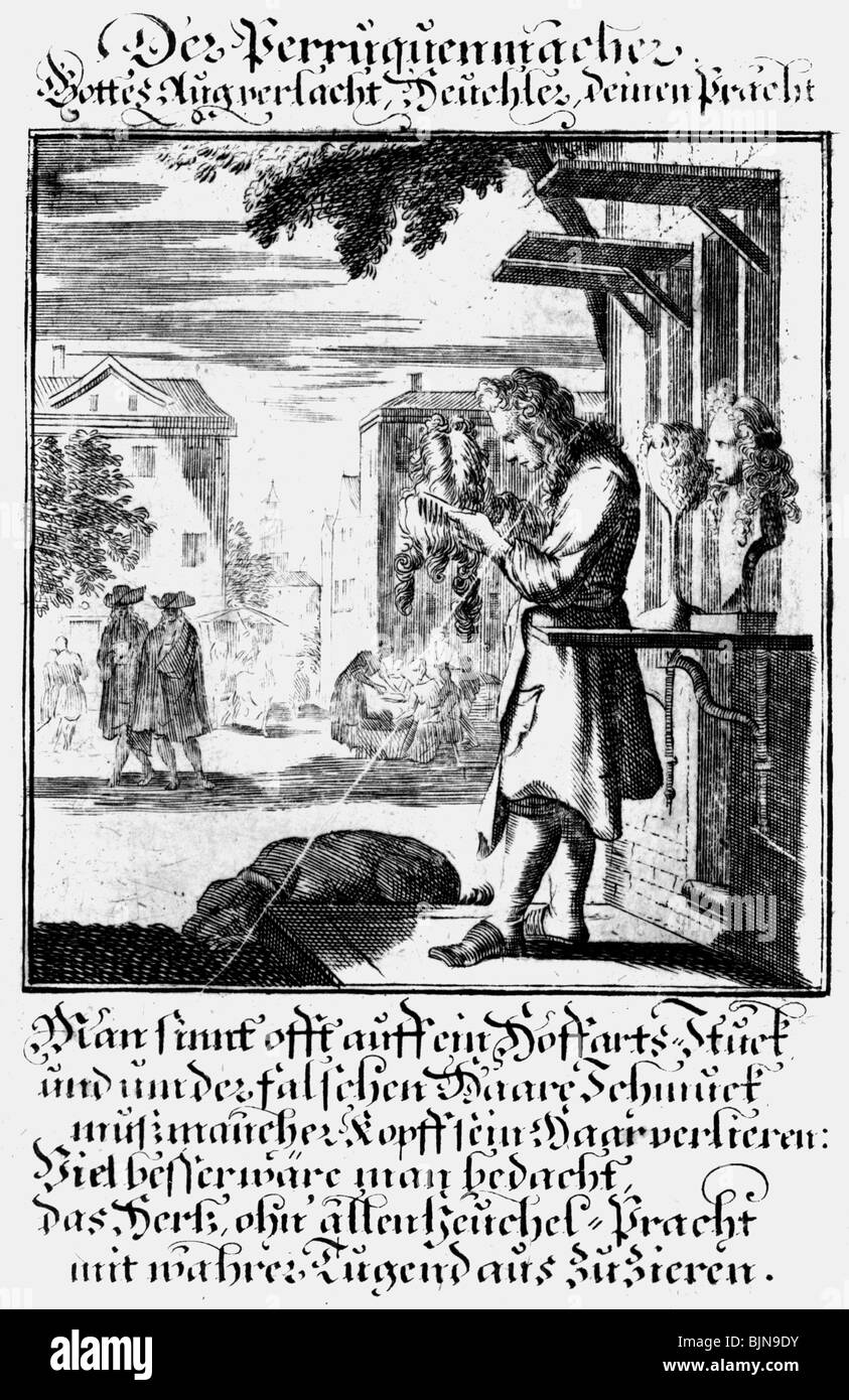 Menschen, Berufe, perückenmacher, Kupferstich aus der taendebuch" von Christoph Weigel, 1698, mit Vers von Abraham a Santa Clara,, Artist's Urheberrecht nicht geklärt zu werden. Stockfoto