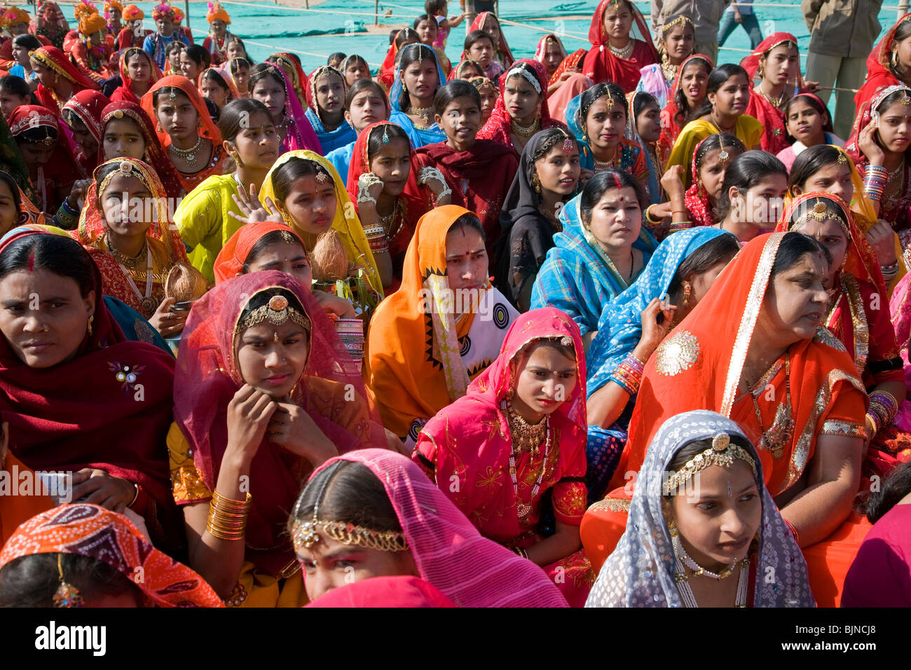 Indische Frauen einem Kamelrennen beobachten. Jaisalmer Wüste Festival. Rajasthan. Indien Stockfoto