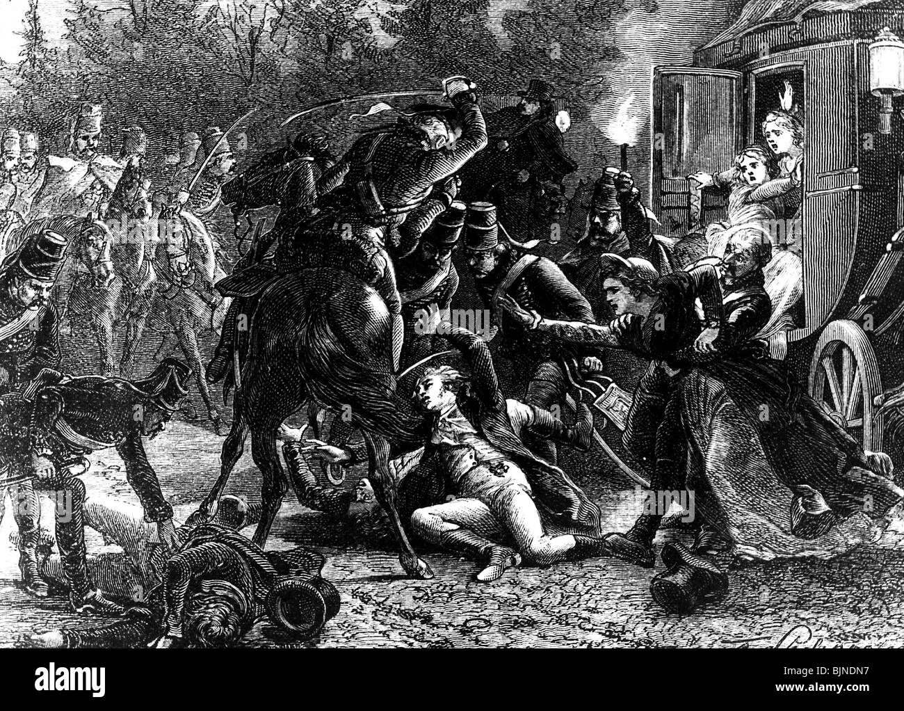 Gesandter Mord an Rastatt, Ermordung französischer Gesandter durch Husaren in österreichischer Uniform, 28.4.1799, Stockfoto