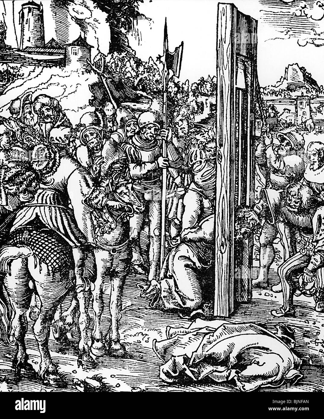Gerechtigkeit, Strafvollzug, Enthauptung, Hinrichtung durch Guillotine, Holzschnitt von Lukas Cranach dem älteren, 16. Jahrhundert, historisch, historisch, Vorläufer der französischen Guillotine, Todesstrafe, Todesstrafe, Todesstrafe, Ort der Hinrichtung, Durchführung, Menschen, Stockfoto