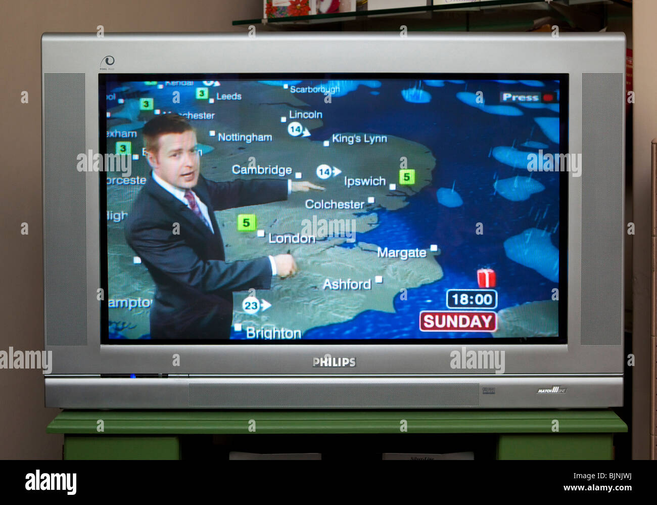 TV-Bildschirm zeigt BBC Wettervorhersage Stockfoto