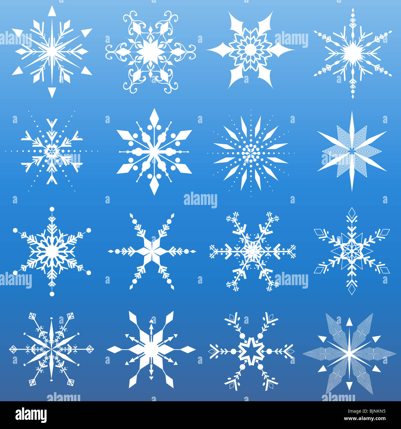 Sechzehn verschiedene Schneeflocke-Design Stockfoto