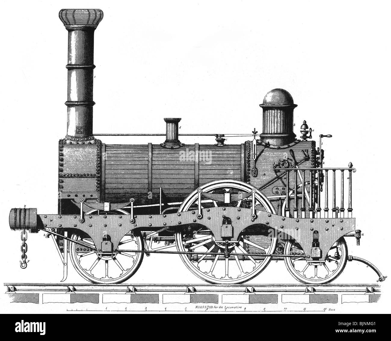 Transport/Transport, Eisenbahn, Lok, entworfen von George Stephenson, Stahlgravur, 19. Jahrhundert, Stockfoto