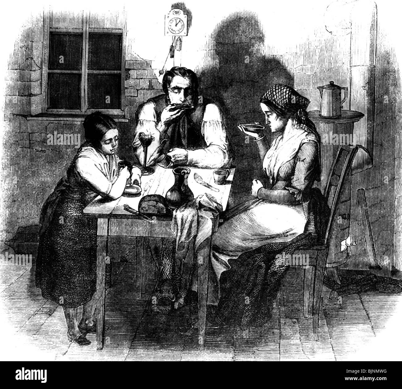 Elend/Widrigkeiten, arme Familie feiert Neujahrstag, Holzgravur, 1858, Stockfoto