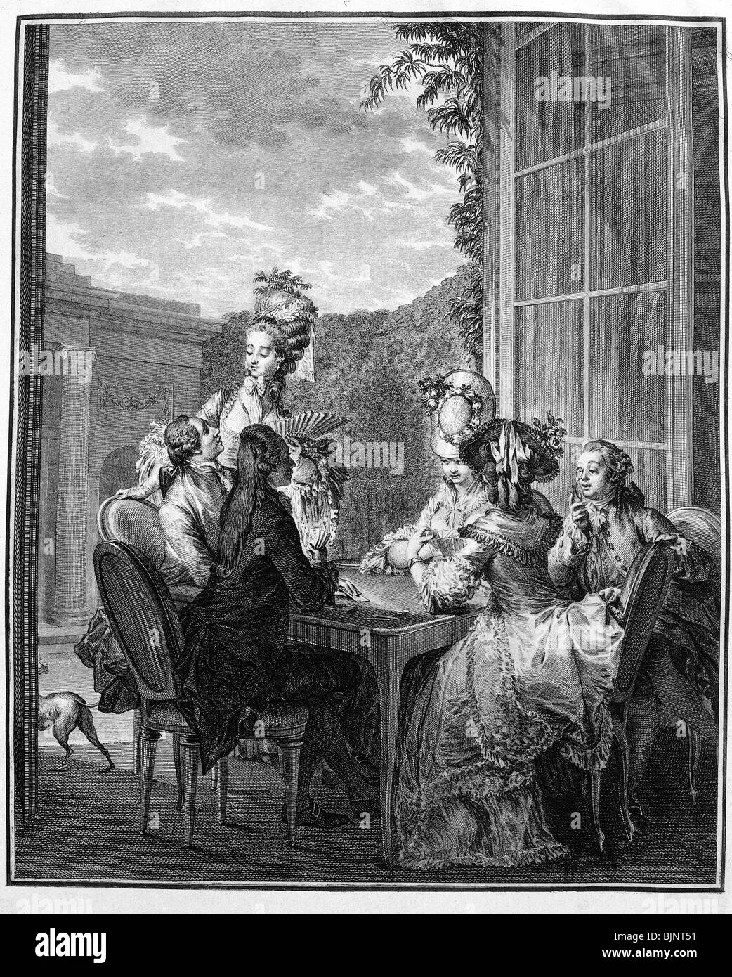 Mode, Leben am Königshof, zwei Paare, die Bridge spielen, 1783, Stockfoto