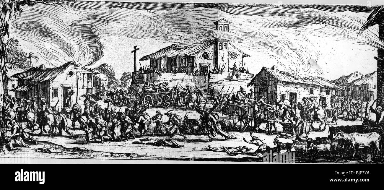 Ereignisse, Der Dreißigjährige Krieg 1618 - 1648, Gräueltaten, Plünderungen eines Dorfes, Kupferstich von Jacques Callot, "die Irrtümer und Missstände des Krieges", 1633, Stockfoto
