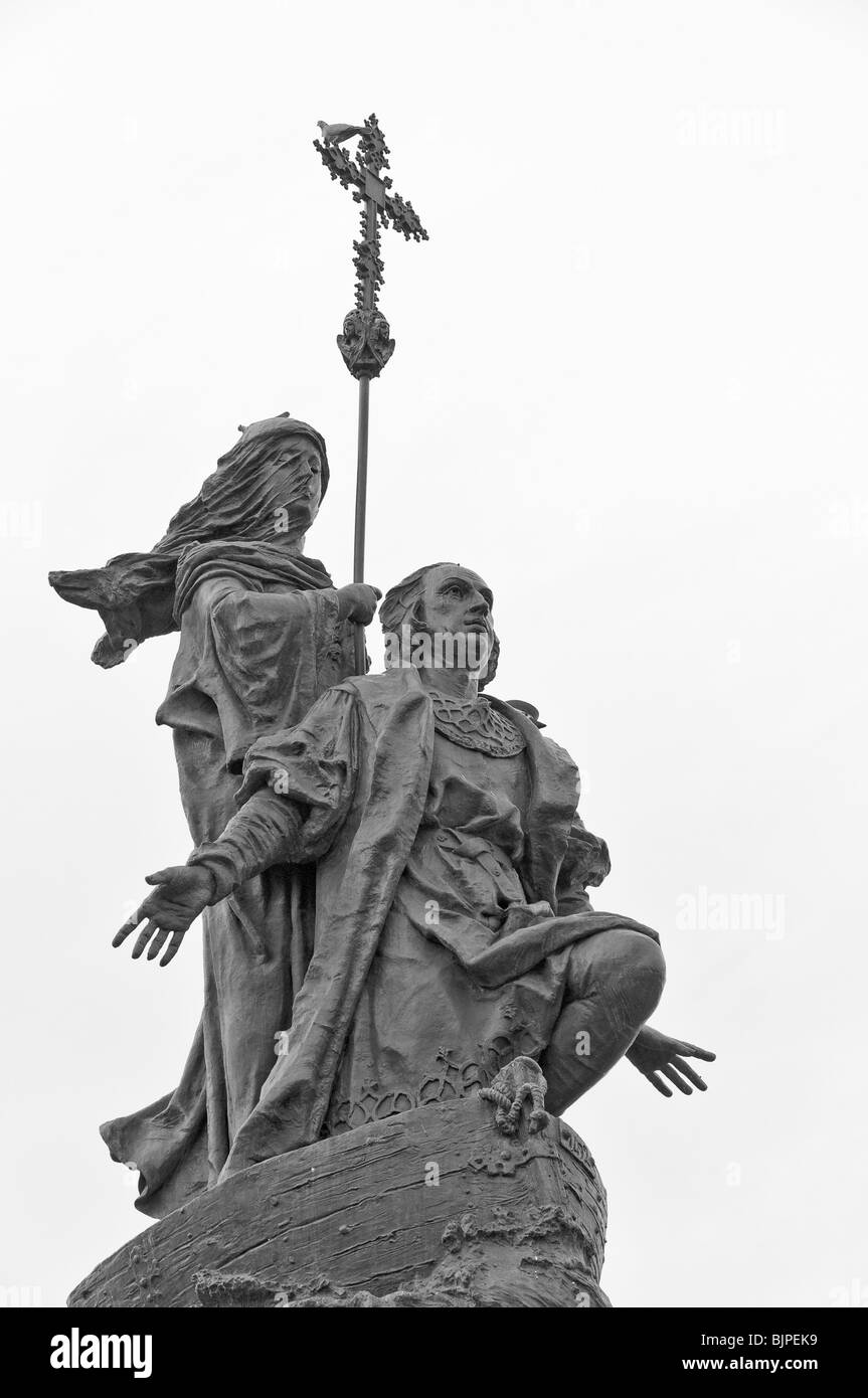 Detail von Christopher Columbus auf der Oberseite der Denkmal für die Entdeckung Amerikas in der Stadt Valladolid, Kastilien-Leon, Spanien, Europa Stockfoto