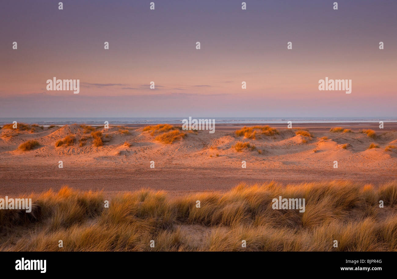 Dünen und Meer am Holkham Beach in der späten Nachmittagssonne, Norfolk, England Stockfoto