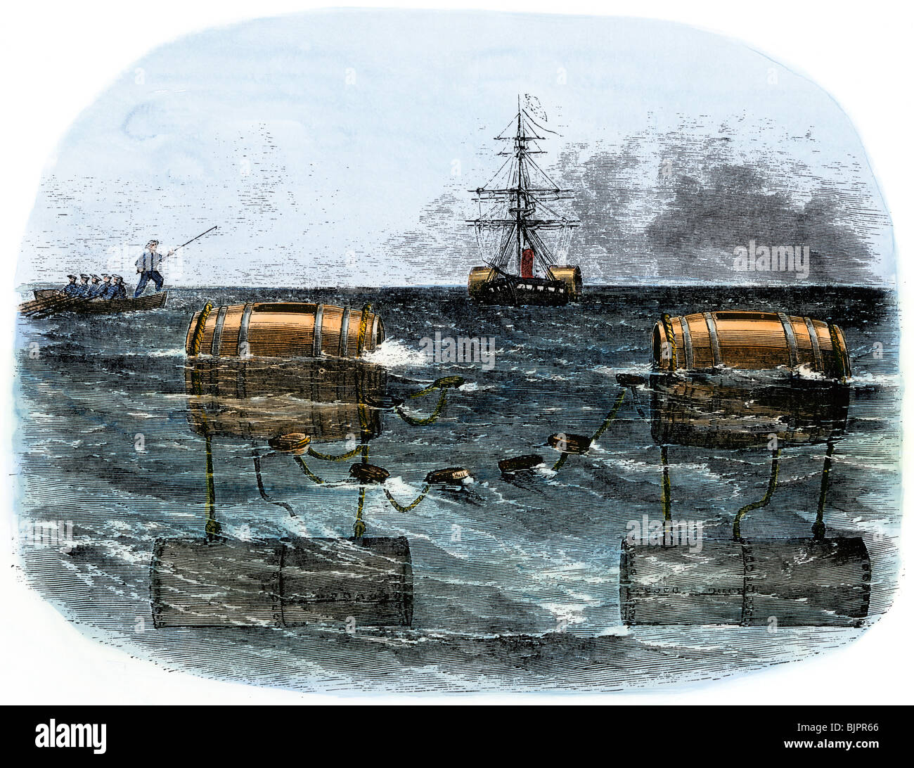Barrel Torpedo, oder meinen, durch die Eidgenossen verwendet eine südliche Mündung Blockade, 1860. Hand - farbige Holzschnitt Stockfoto