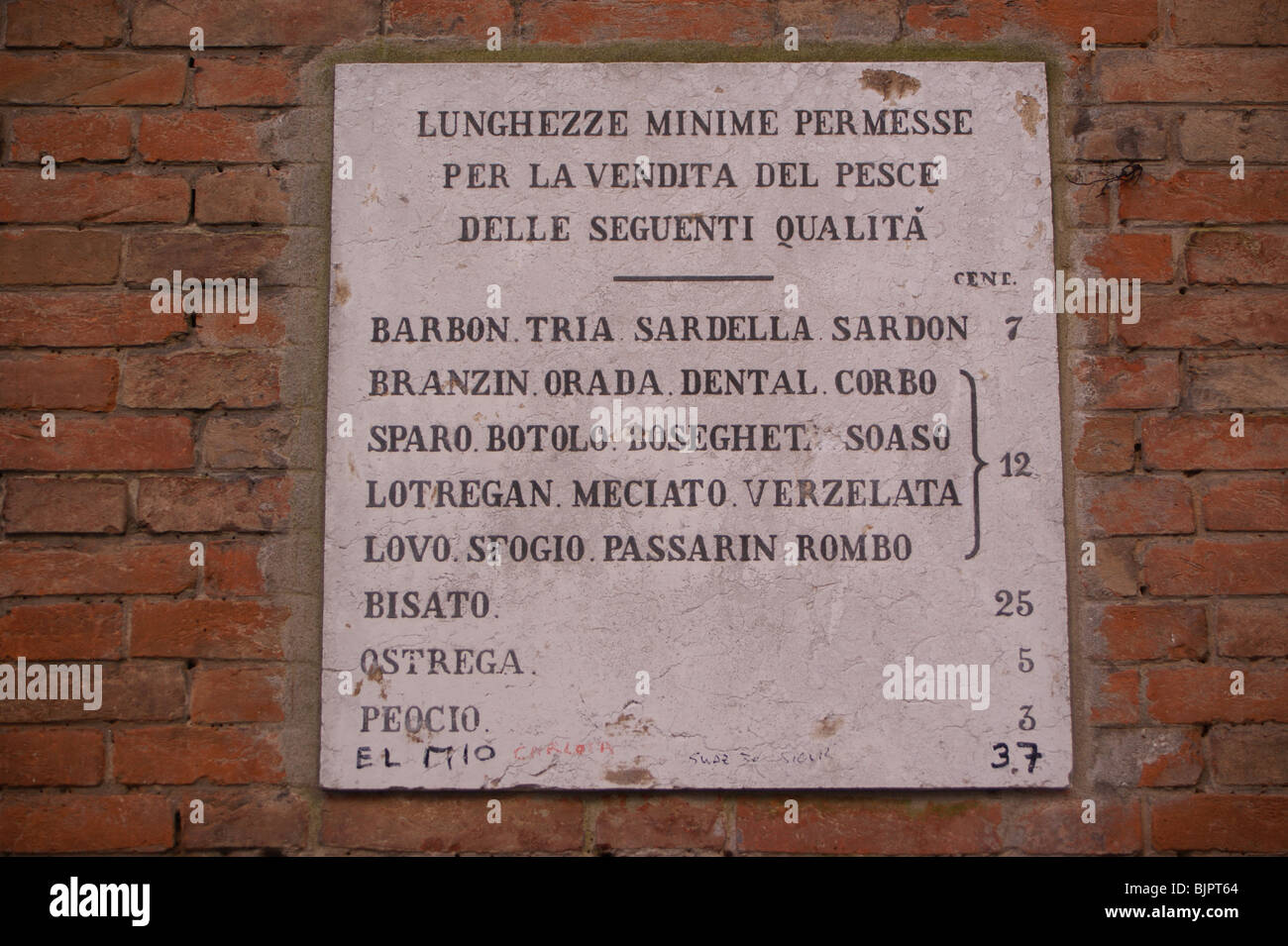 Venedig-Pescheria, Fischmarkt mittelalterlicher Schild mit Mindestgrößen für Verkauf Stockfoto