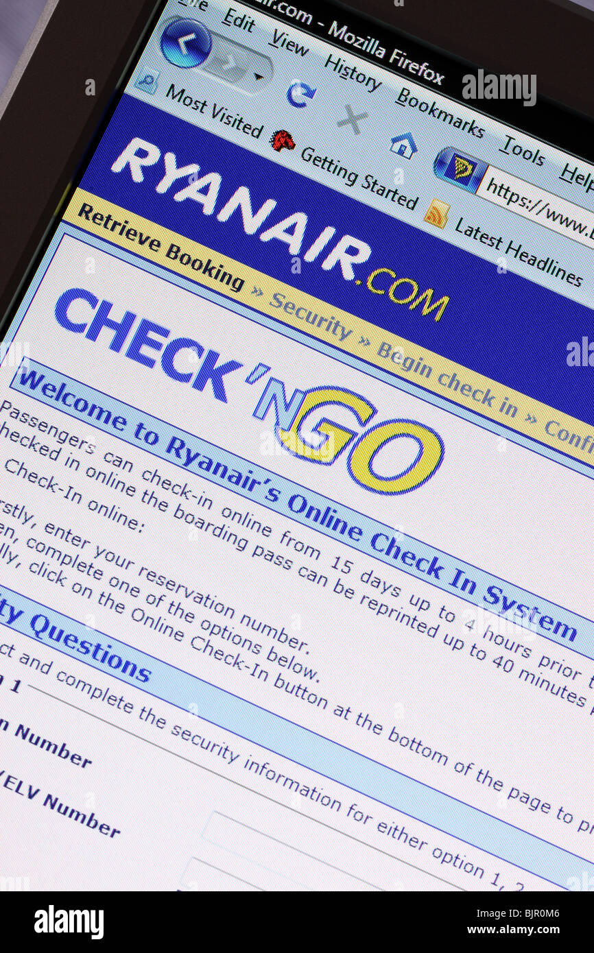 Ryanair Airline Website online Webseite Homepage Internet Flug Check-in Check-Bildschirm Stockfoto