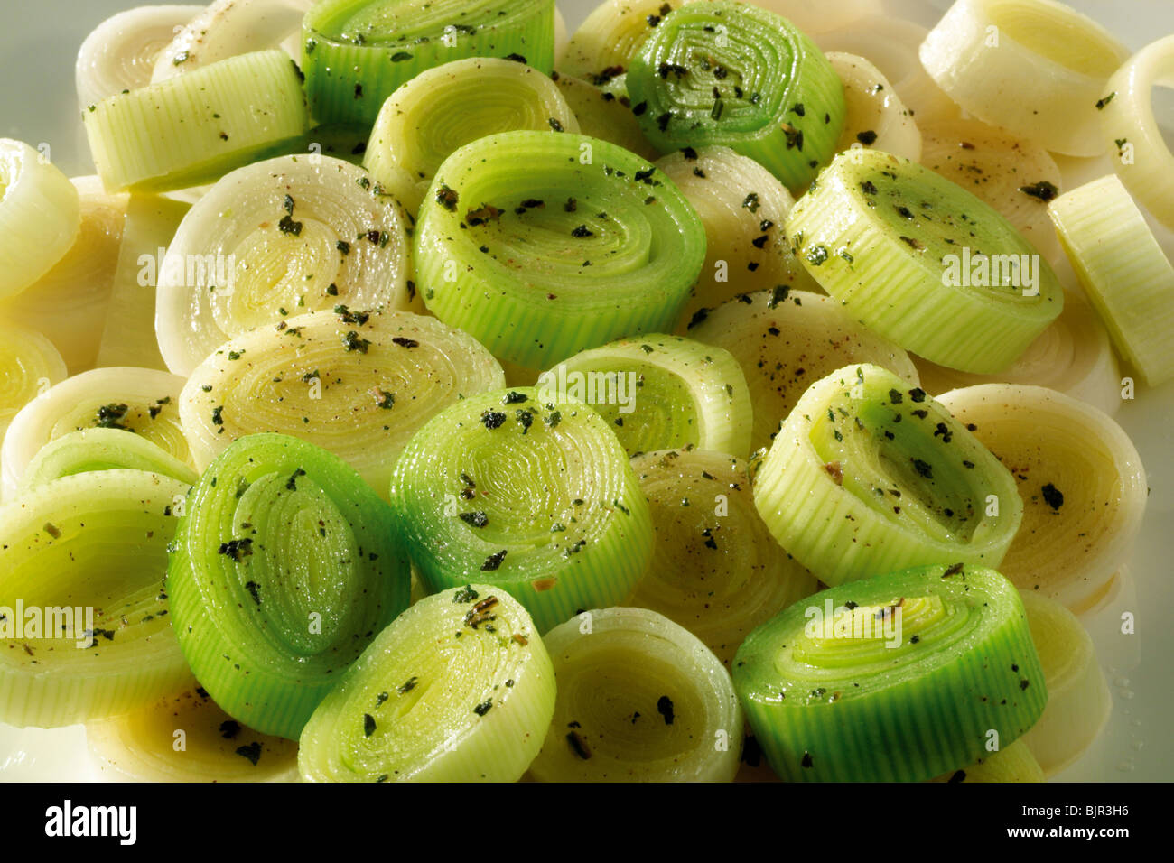 gekocht Lauch Ringe Essen Fotos Stockfoto
