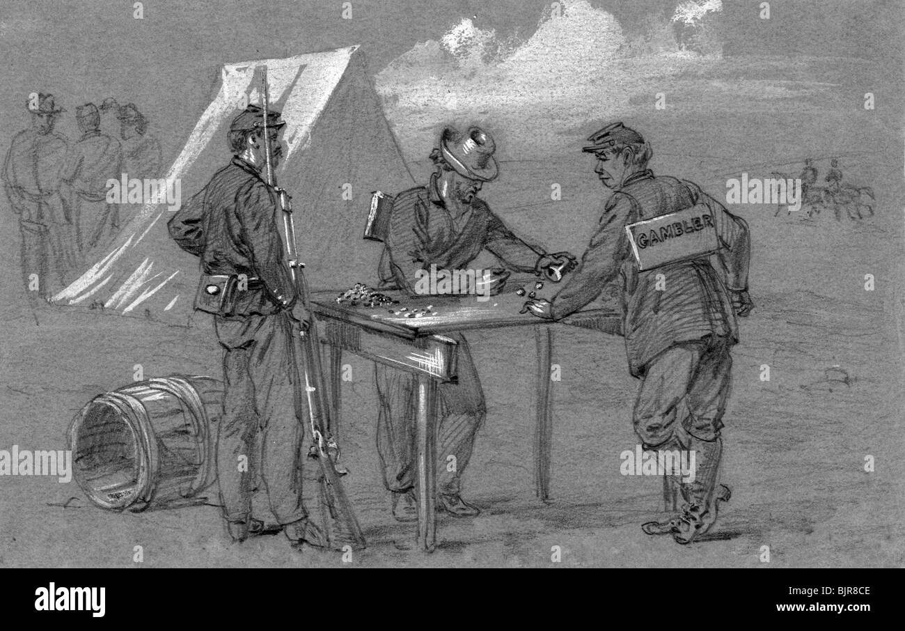 General Patrick Bestrafung für Spieler tragen ein Spieler-Plakat in Camp während des Bürgerkriegs in USA Stockfoto