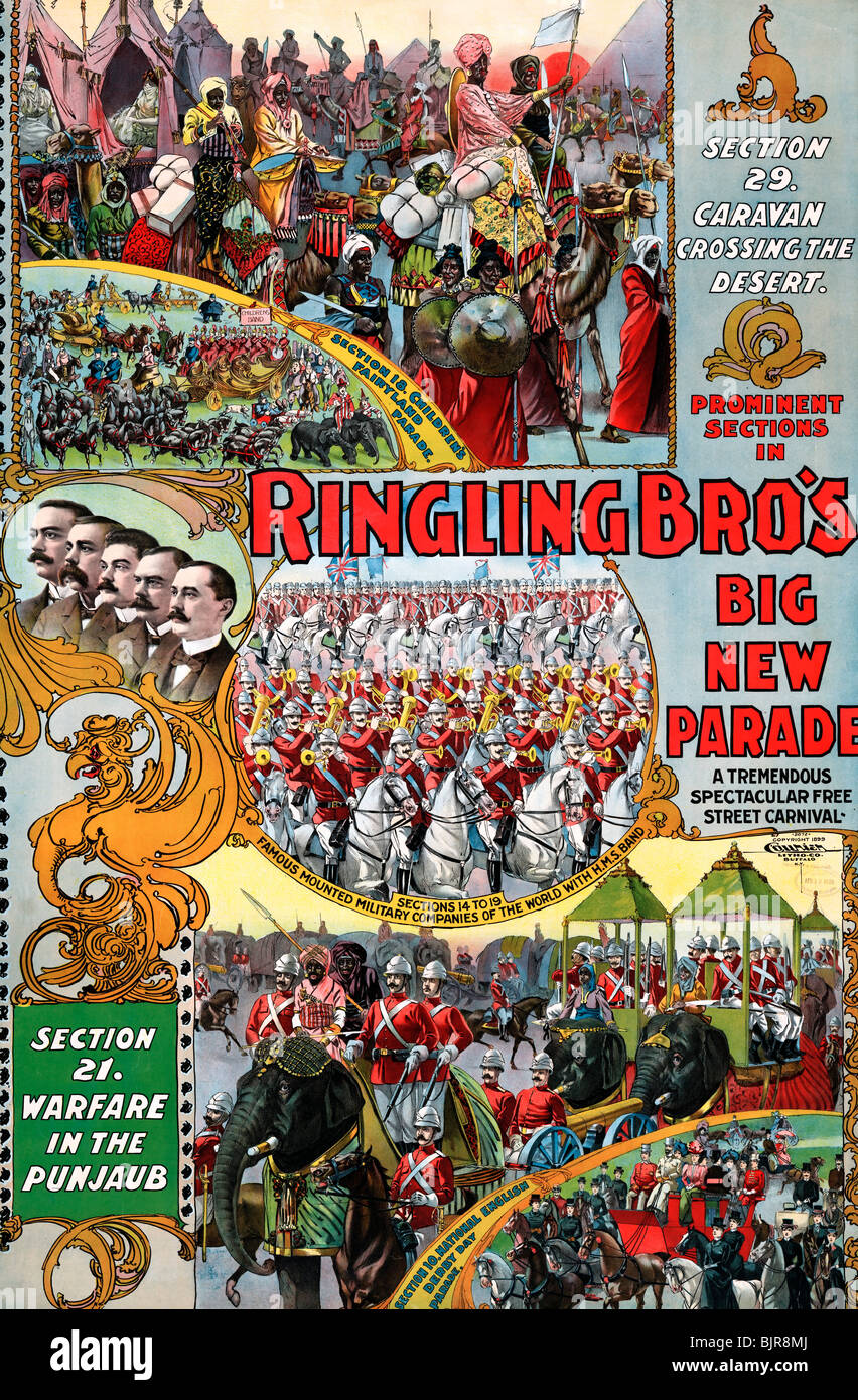 Ringling Brothers große neue Parade. Eine enorme spektakuläre kostenlose Straßenkarneval - Zirkus Plakat, 1899 Stockfoto