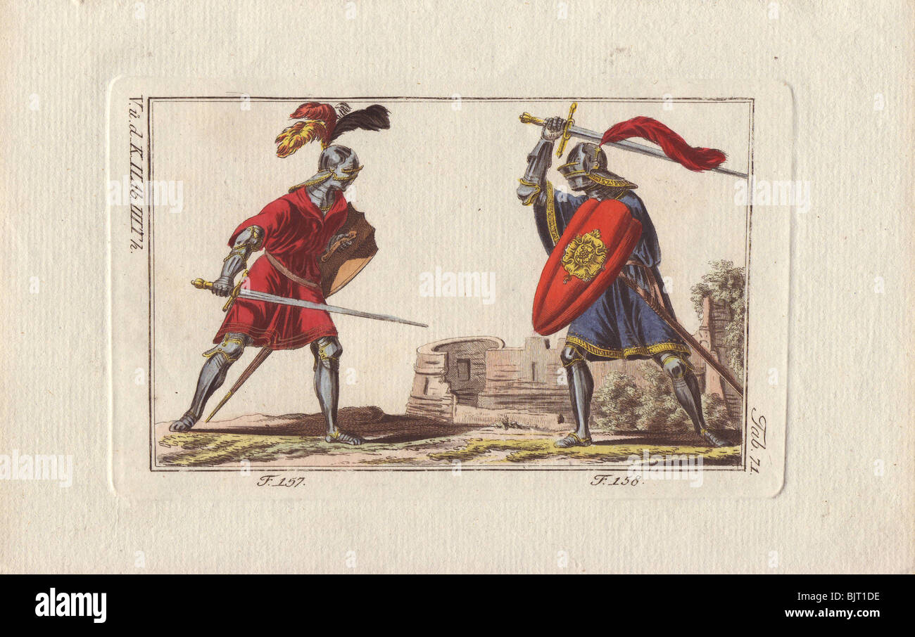 Zwei Ritter in Rüstung zu Fuß kämpfen ein Duell mit Schwertern in einem Turnier. Stockfoto