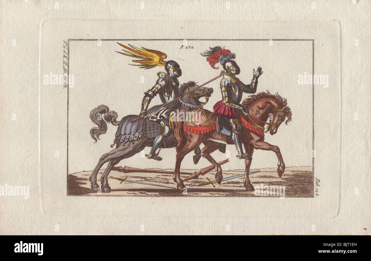Zwei berittene Ritter in Rüstung in einem Turnier Duell mit einem Haken. Stockfoto