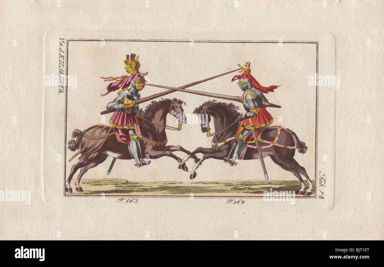 Zwei Ritter in Rüstung auf dem Pferderücken kämpfen ein Duell mit Lanzen in einem Turnier. Stockfoto