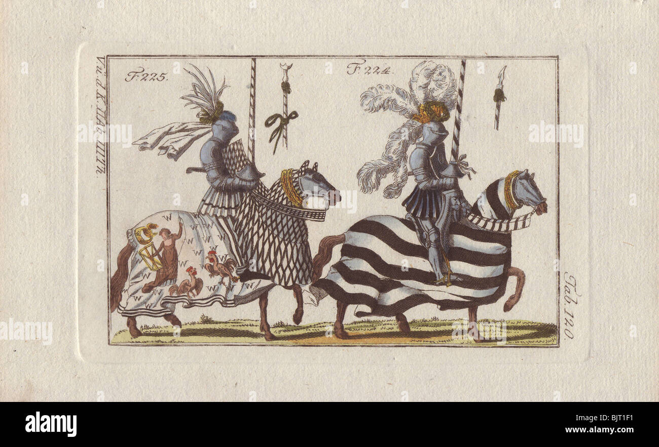 Zwei berittene Ritter im Turnier Farben für einen Italienischkurs und einem deutschen Turnier. Stockfoto