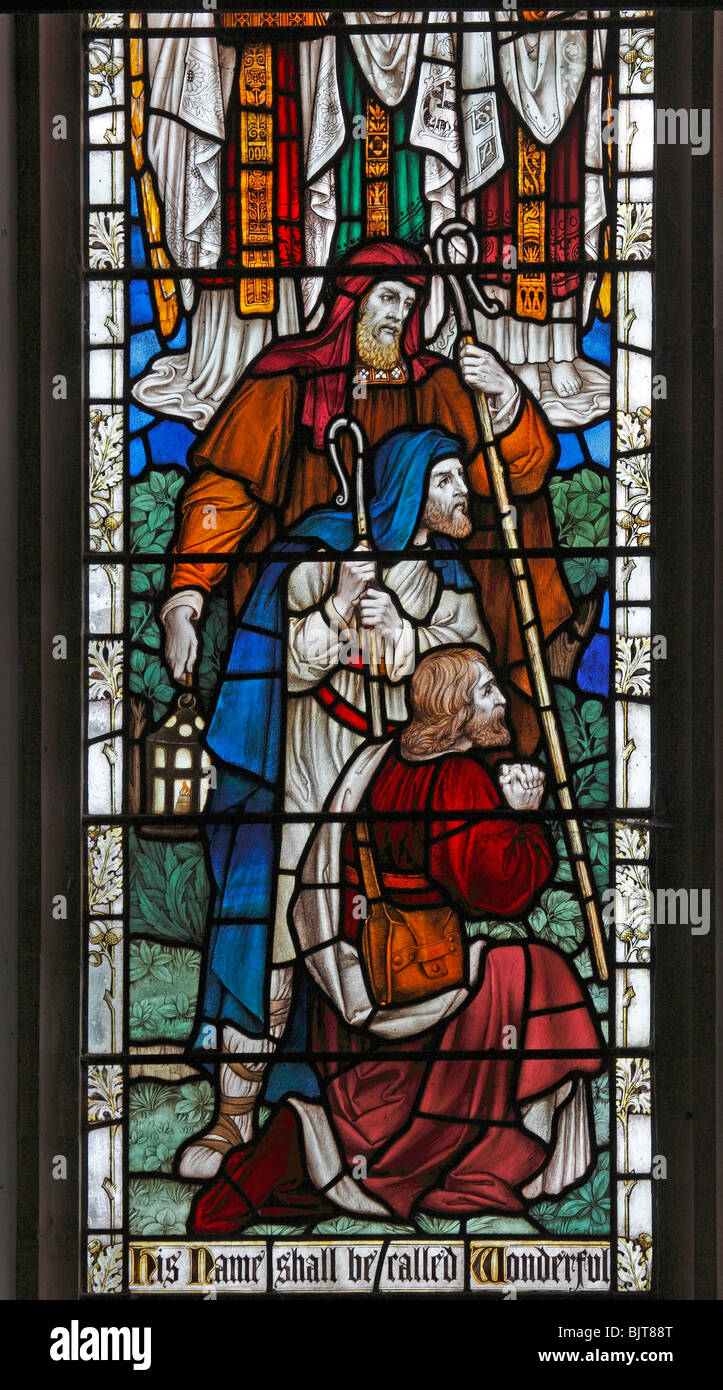 Ein Glasfenster von J Powell & Söhnen Darstellung drei Hirten an der Krippe, Str. Marys Kirche, South Walsham Norfolk Stockfoto