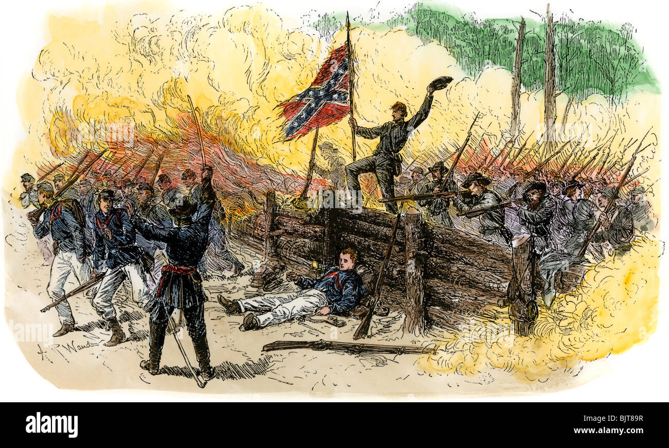 Eidgenossen Erfassung Union breastworks während der Schlacht in der Wilderness in Virginia, 1864. Hand - farbige Holzschnitt Stockfoto