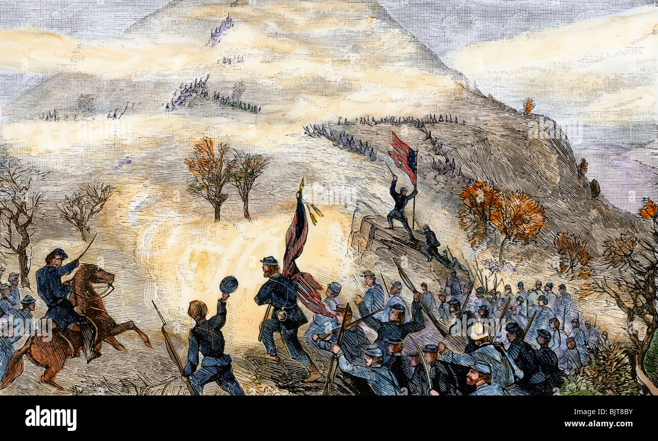 Schlacht über den Wolken am Lookout Mountain, Tennessee, 1863. Hand - farbige Holzschnitt Stockfoto