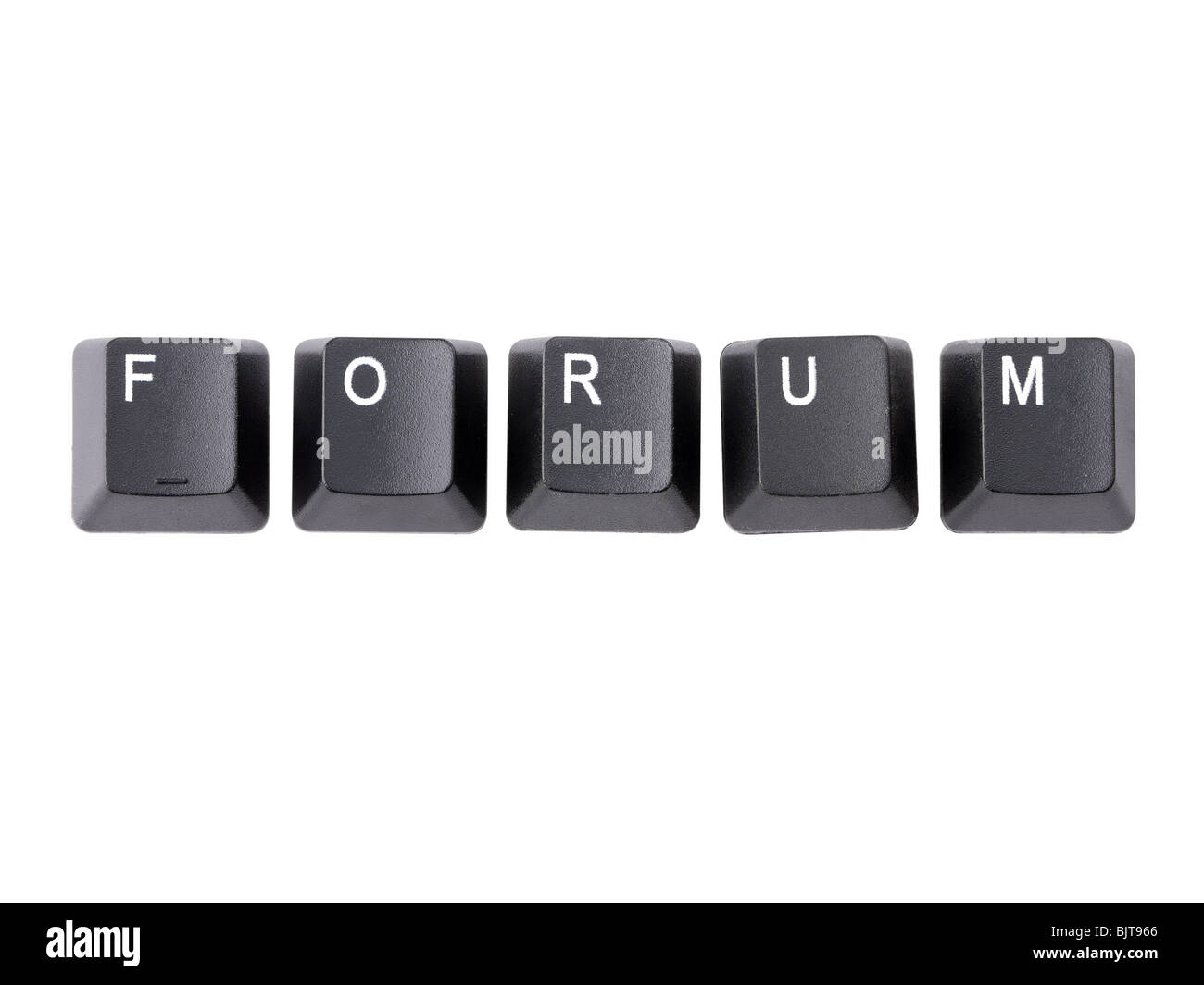 Schwarze Tastatur Tasten bilden FORUM Wort auf weißem Hintergrund Stockfoto