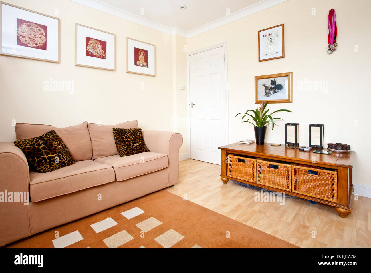 Helle und luftige Wohnzimmer. Fetcham, Leatherhead, Surrey, England, Vereinigtes Königreich Stockfoto